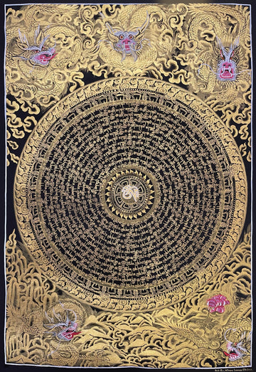 Dragon Mantra Mandala thangka, 49×68 cm: rings of gold-coloured mantra script around a white Om, with gold-coloured dragons in clouds