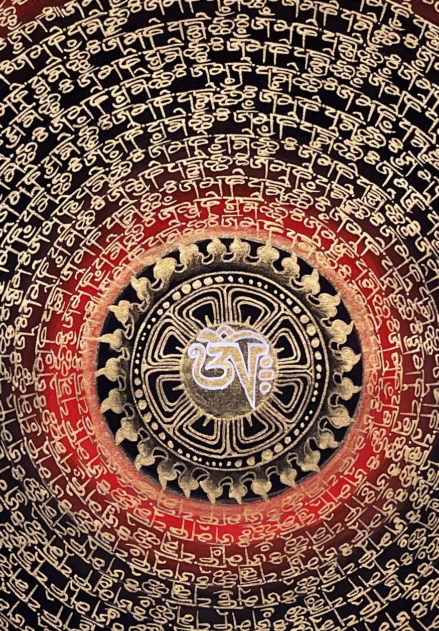 Dragon Mantra Mandala thangka, 49×67 cm: rings of gold-coloured mantra script around a white Om, with gold-coloured dragons in clouds, red rings