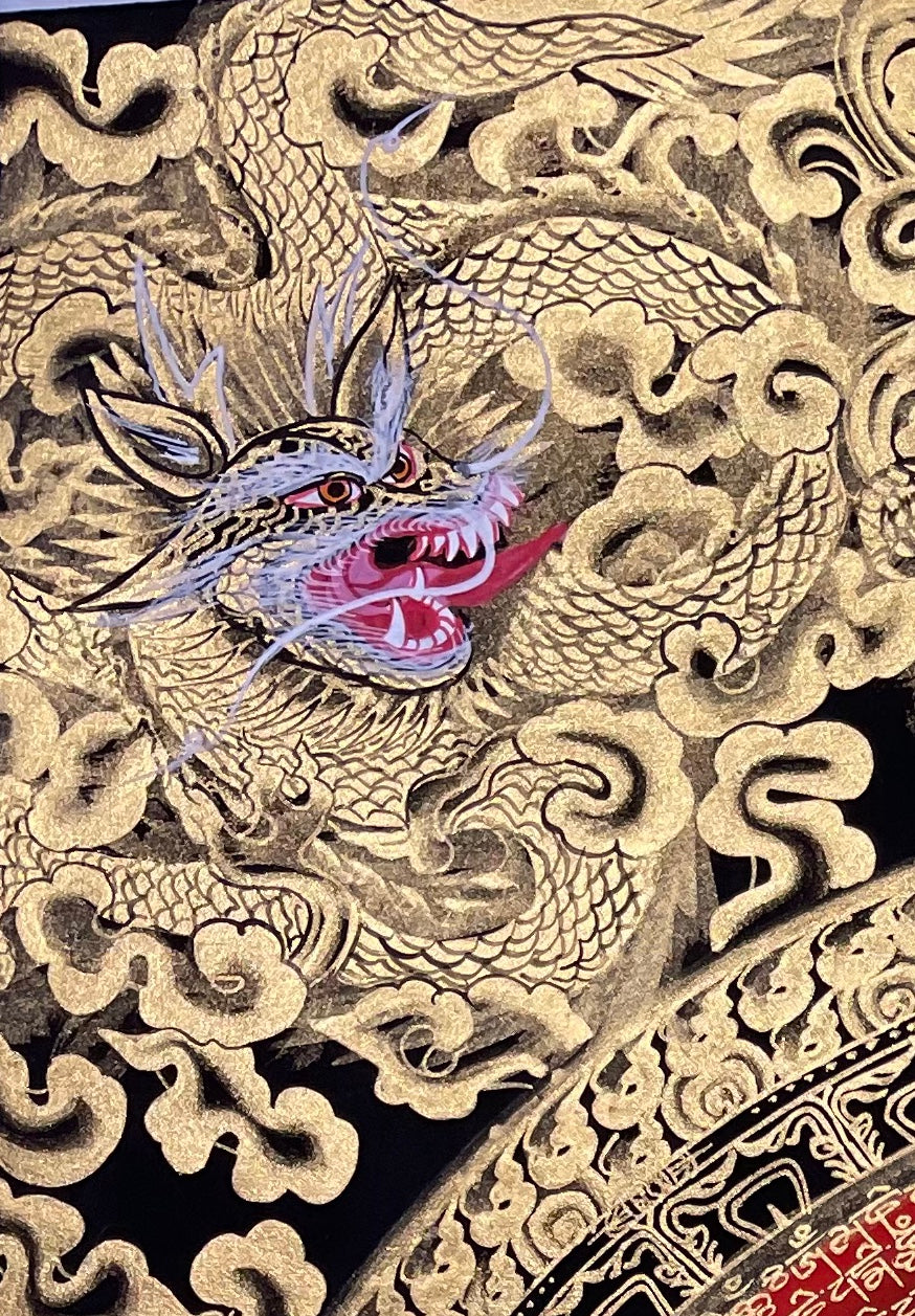 Dragon Mantra Mandala thangka, detail: top-left corner