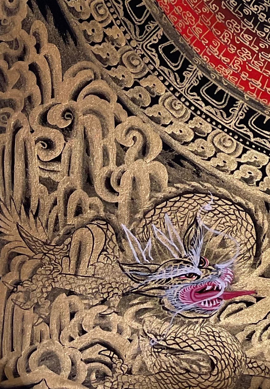 Dragon Mantra Mandala thangka, detail: bottom-left corner