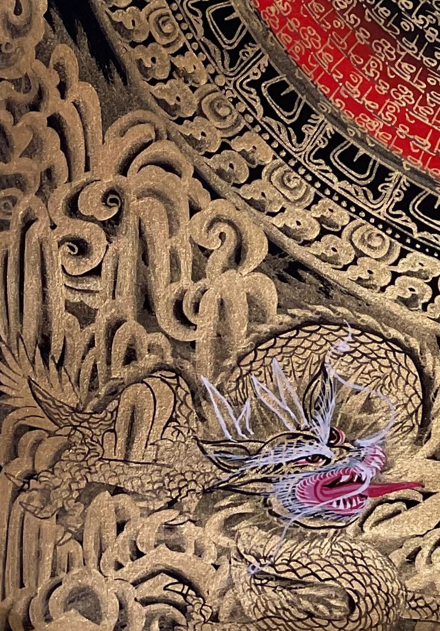 Dragon Mantra Mandala thangka, detail: bottom-left corner