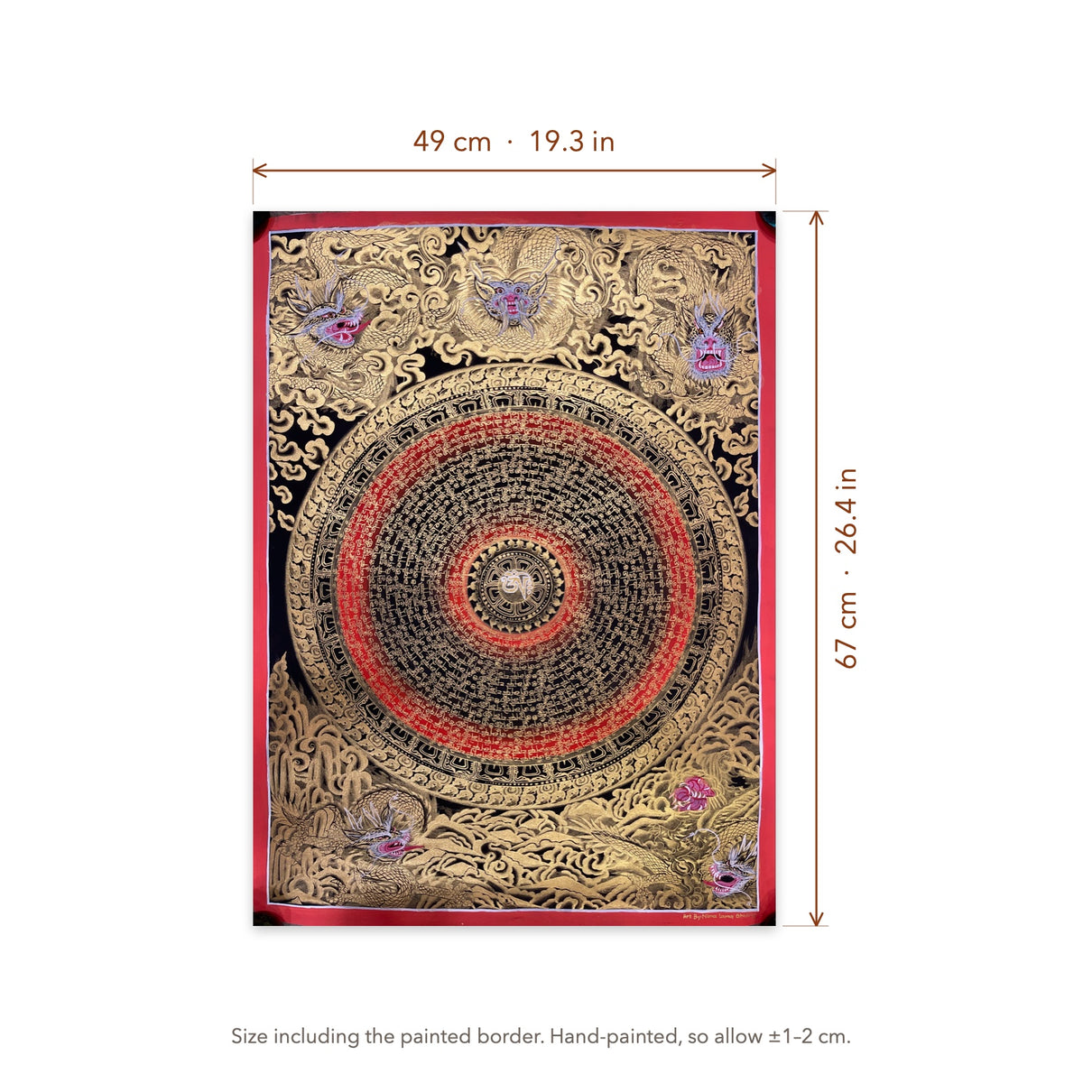 Size diagram: 49 × 67 cm (19.3 × 26.4 in), including the painted border