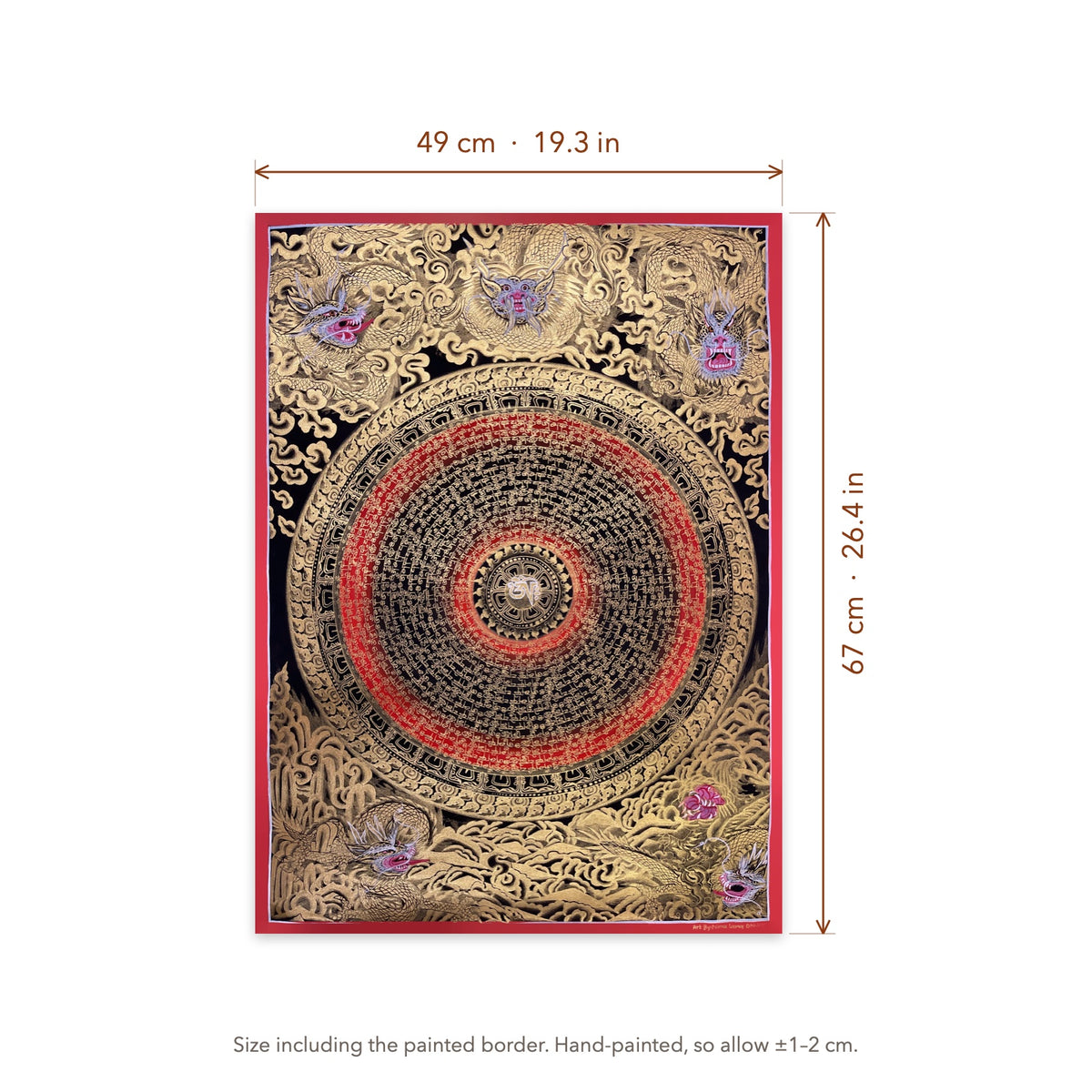 Size diagram: 49 × 67 cm (19.3 × 26.4 in), including the painted border