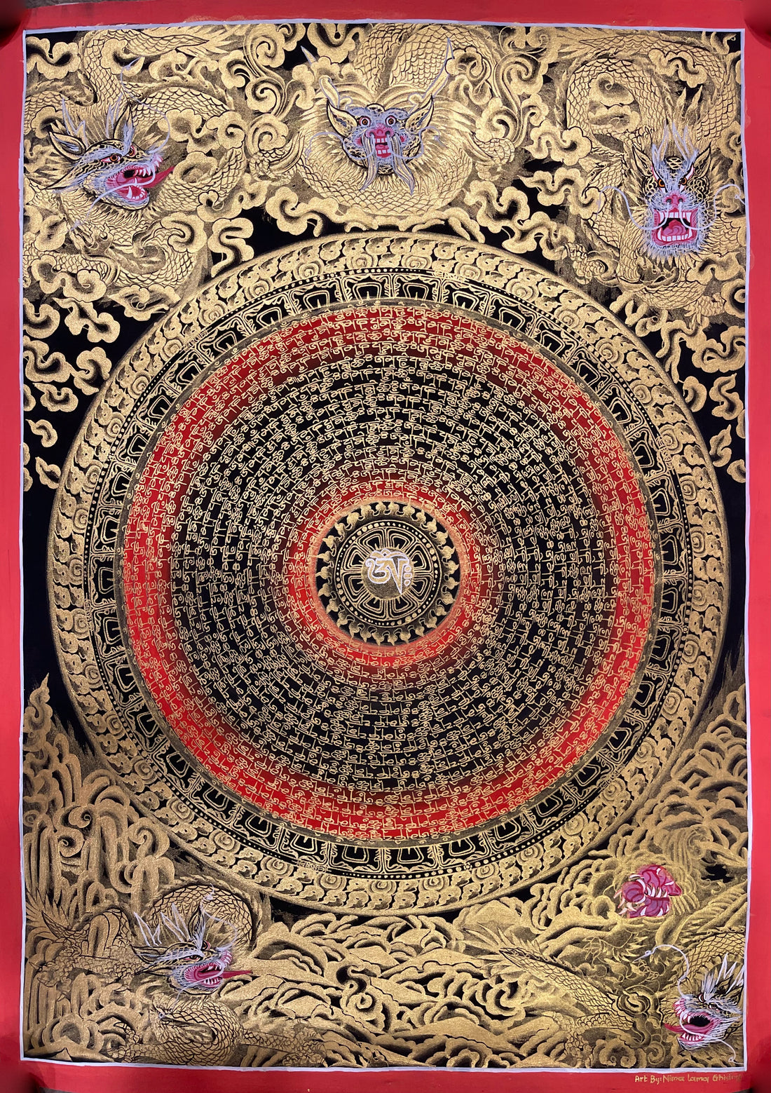 Dragon Mantra Mandala thangka, 49×67 cm: rings of gold-coloured mantra script around a white Om, with gold-coloured dragons in clouds, red rings
