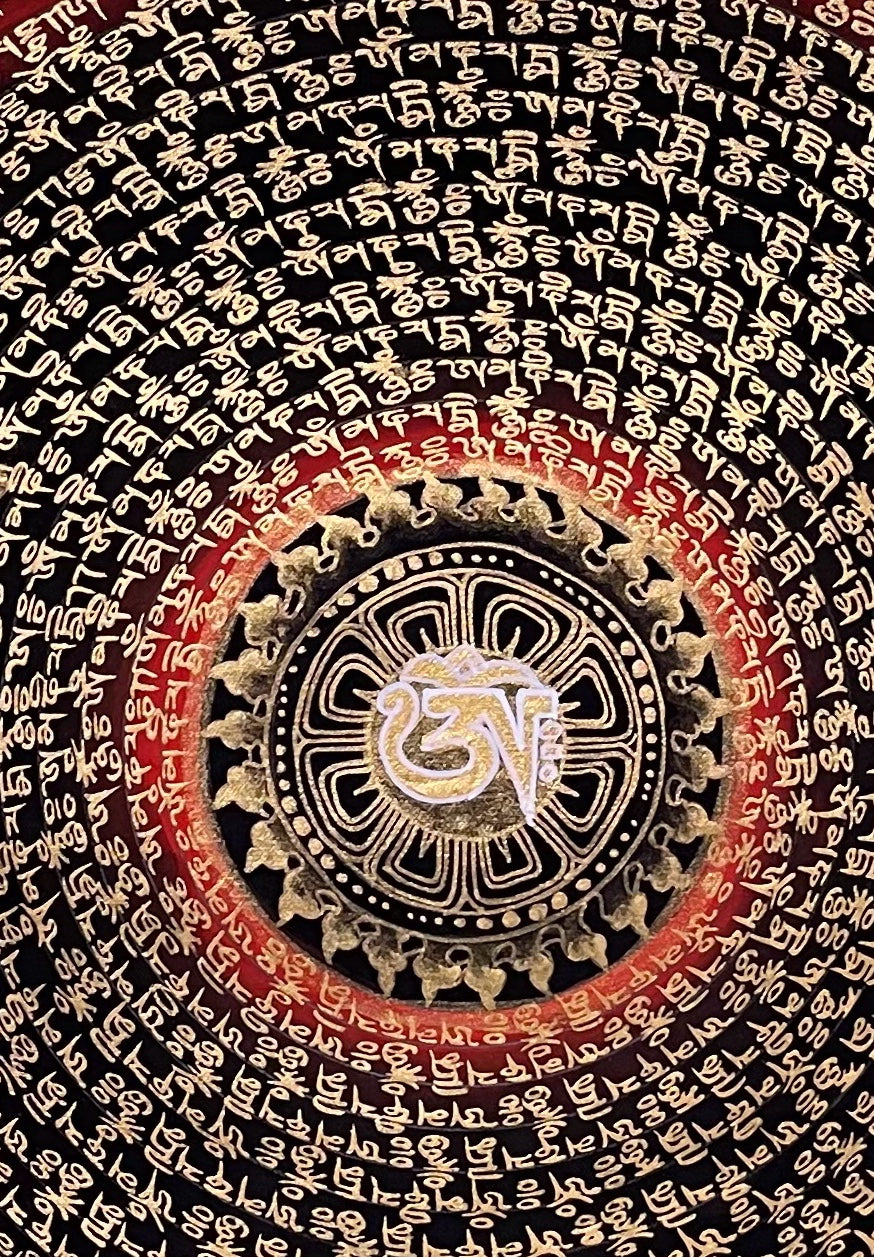 Dragon Mantra Mandala thangka, 49×68 cm: rings of gold-coloured mantra script around a white Om, with gold-coloured dragons in clouds