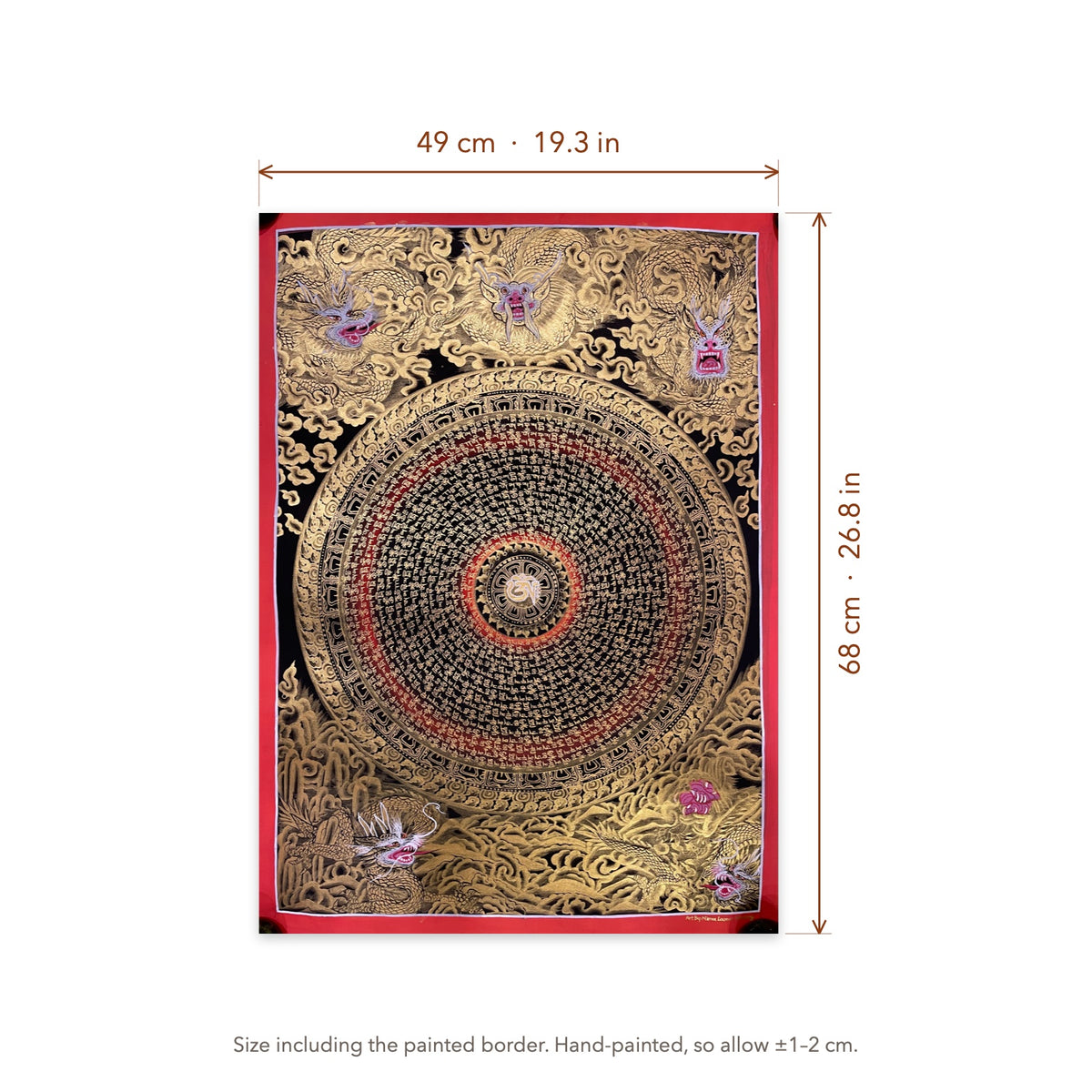 Size diagram: 49 × 68 cm (19.3 × 26.8 in), including the painted border