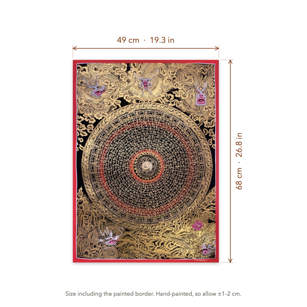 Size diagram: 49 × 68 cm (19.3 × 26.8 in), including the painted border