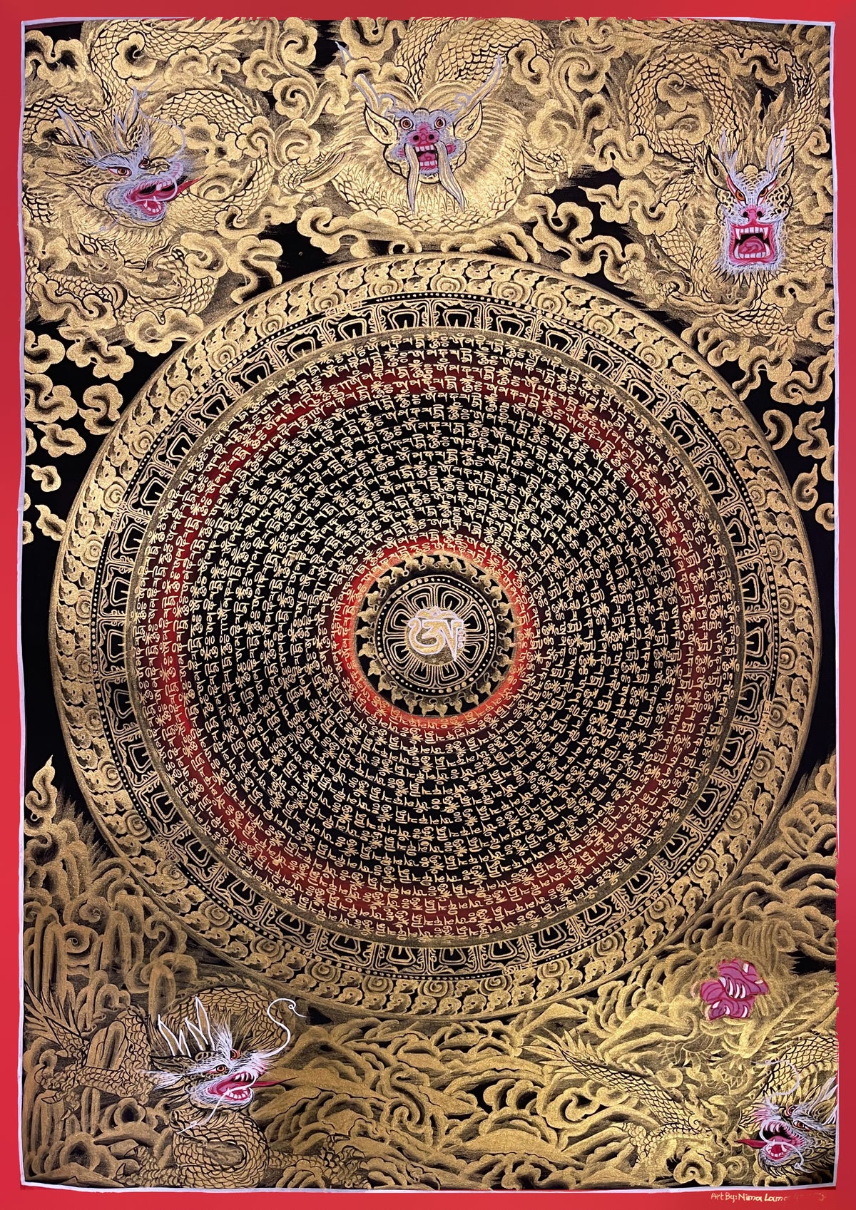Dragon Mantra Mandala thangka, 49×68 cm: rings of gold-coloured mantra script around a white Om, with gold-coloured dragons in clouds