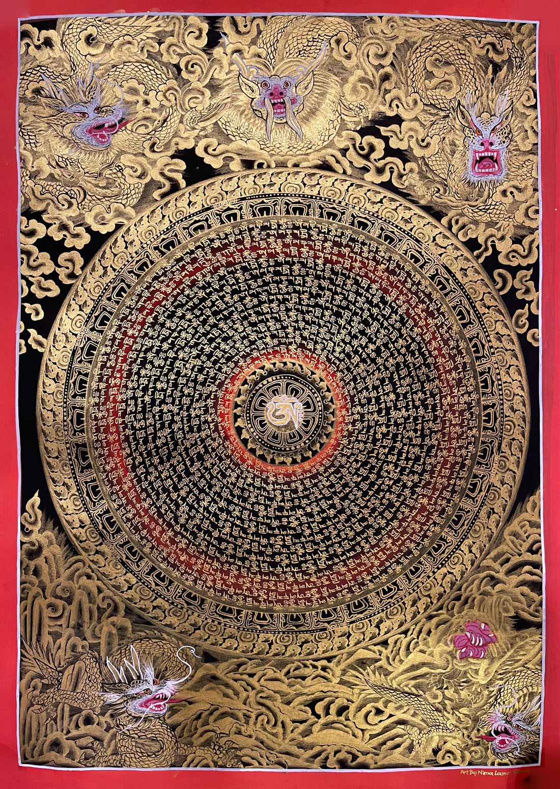 Dragon Mantra Mandala thangka, 49×68 cm: rings of gold-coloured mantra script around a white Om, with gold-coloured dragons in clouds