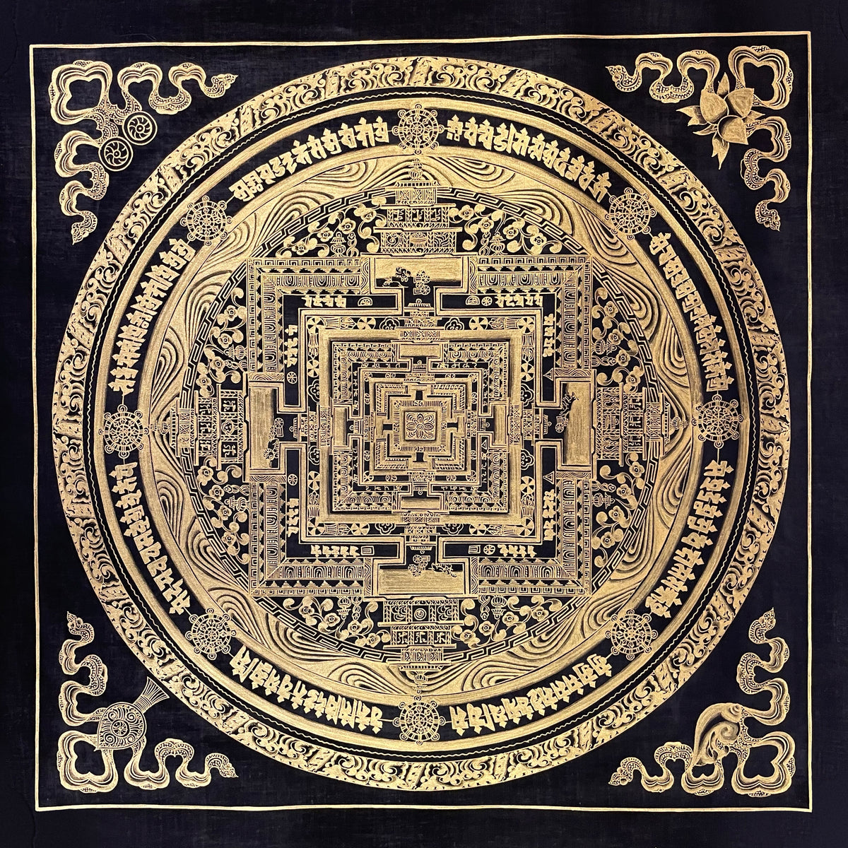 Kalachakra Mandala thangka, 55×55 cm: Kalachakra palace mandala drawn entirely in gold-coloured line work on black