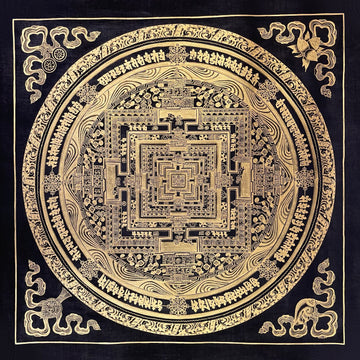 Kalachakra Mandala thangka, 55×55 cm: Kalachakra palace mandala drawn entirely in gold-coloured line work on black