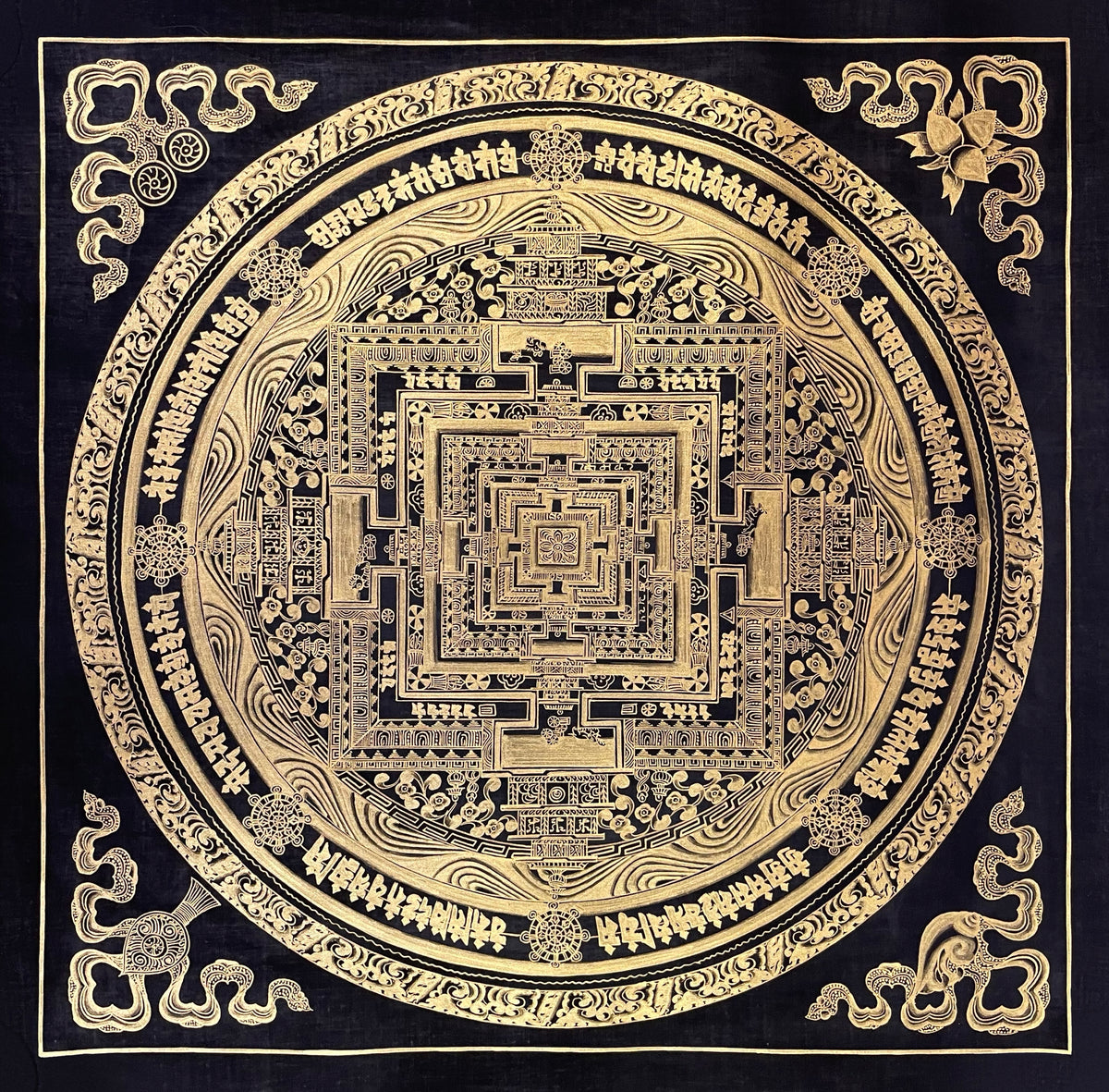 Kalachakra Mandala thangka, 55×55 cm: Kalachakra palace mandala drawn entirely in gold-coloured line work on black