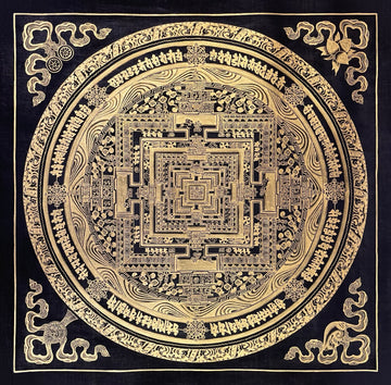 Kalachakra Mandala thangka, 55×55 cm: Kalachakra palace mandala drawn entirely in gold-coloured line work on black