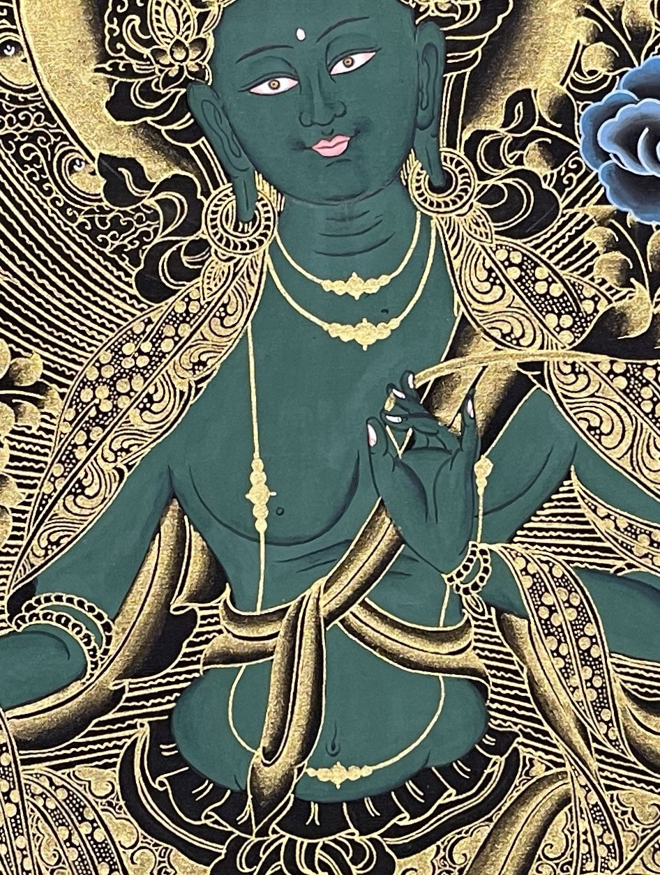 Green Tara thangka, detail: centre