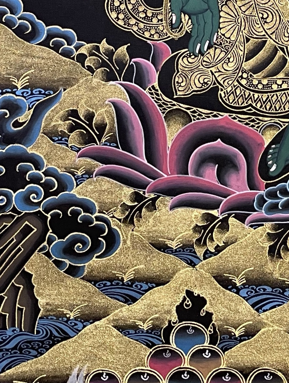 Green Tara thangka, detail: bottom-left corner