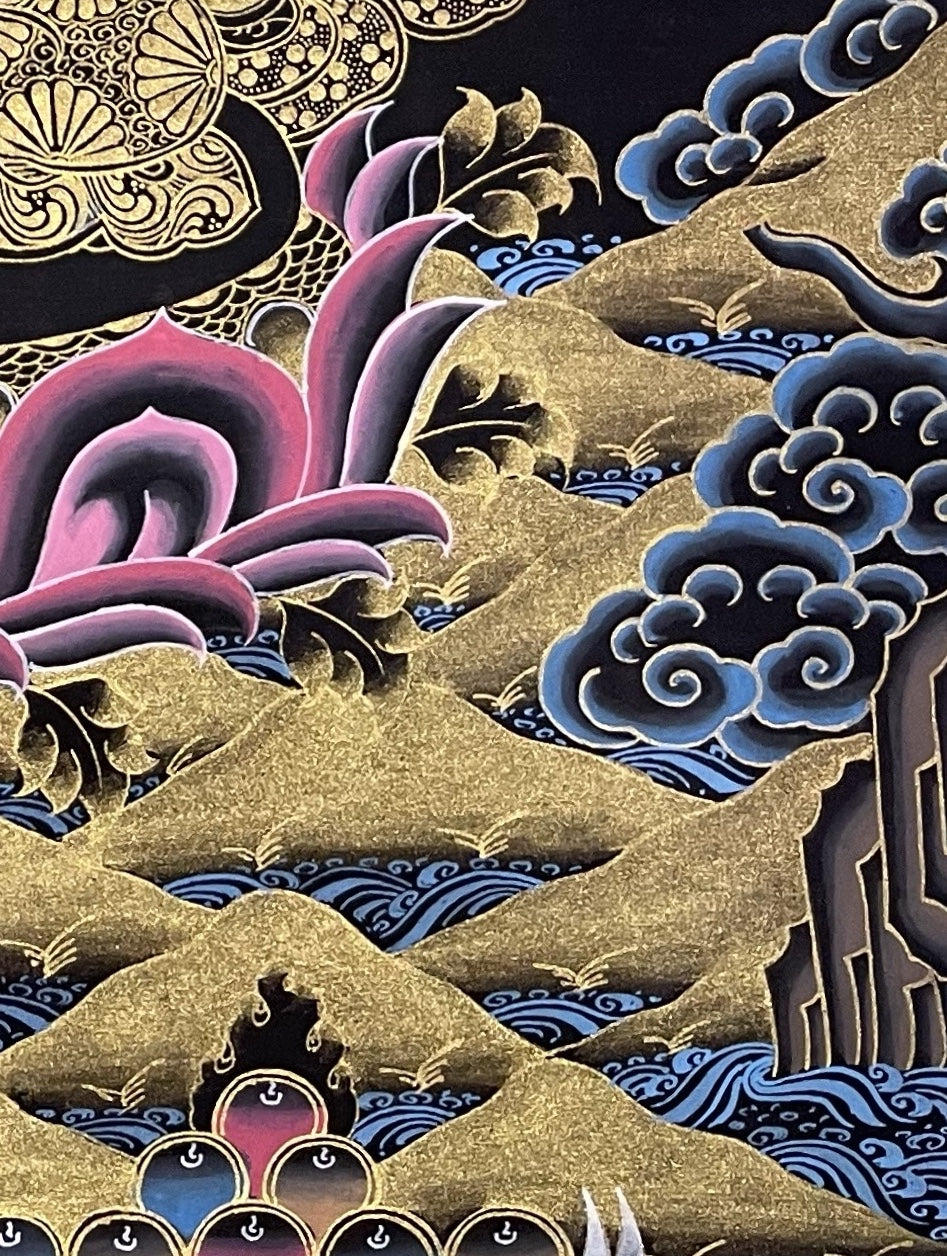 Green Tara thangka, detail: bottom-right corner