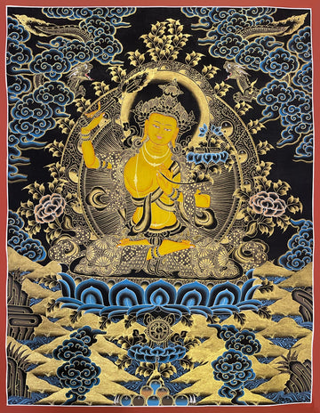 Manjushri thangka, 52×67 cm: yellow Manjushri in black and gold, raising a sword, with a book on a lotus