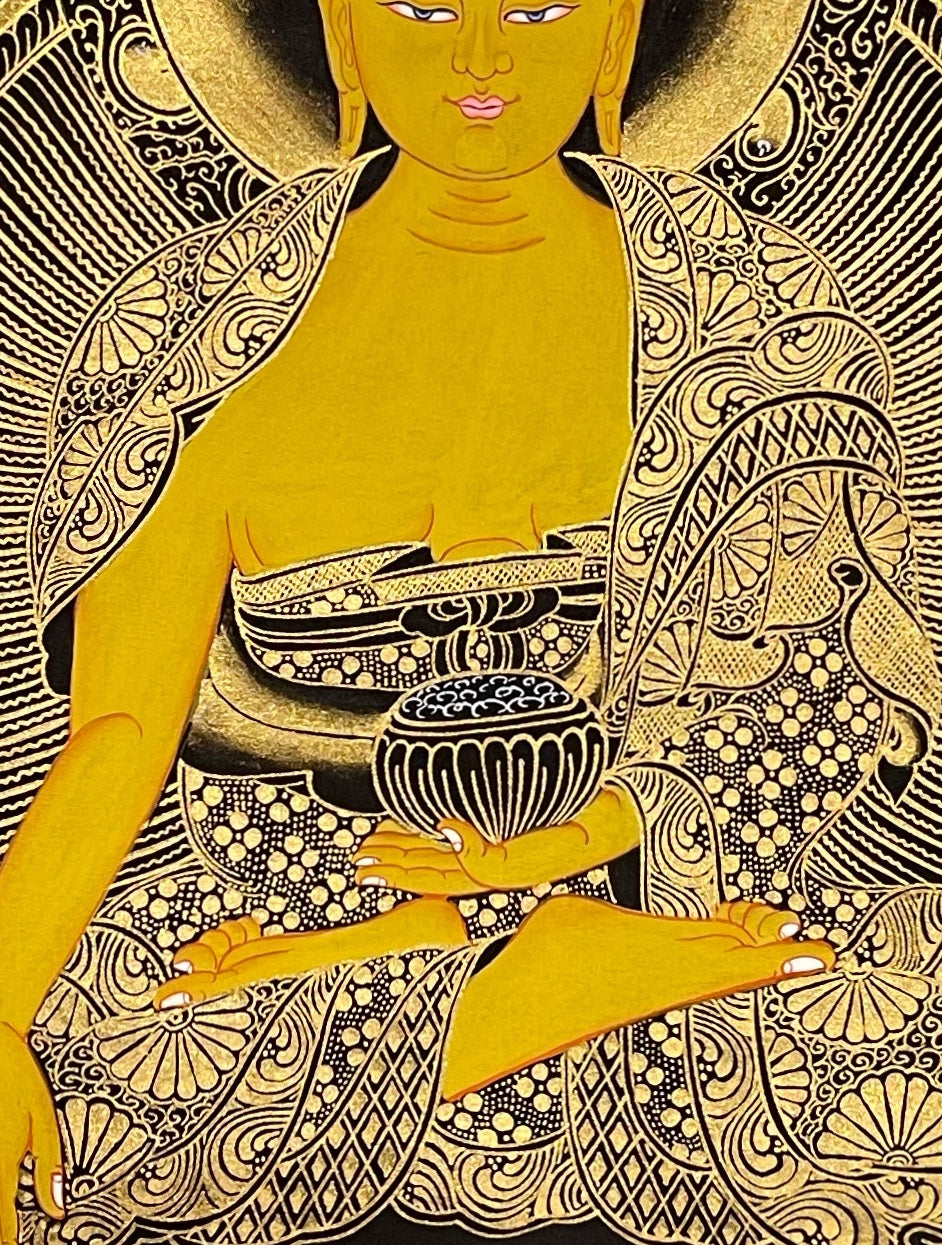 Shakyamuni Buddha thangka, 52×67 cm: black-and-gold Shakyamuni touching the earth, with auspicious symbols in the clouds