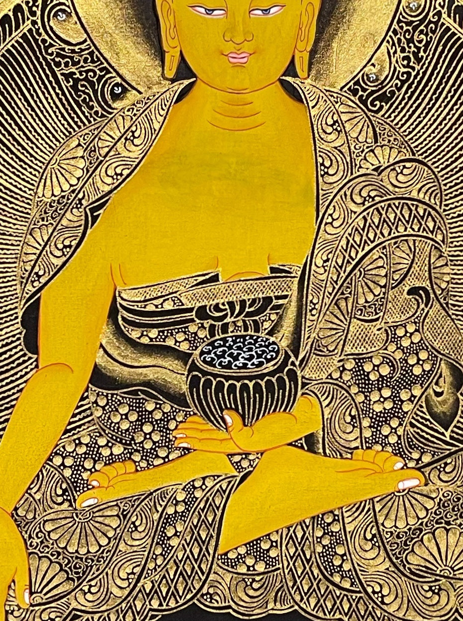 Shakyamuni Buddha thangka, 52×67 cm: Shakyamuni in black and gold touching the earth, with a dragon and a bird in the clouds above