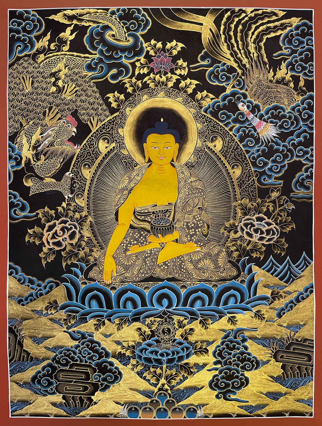 Shakyamuni Buddha thangka, 52×67 cm: Shakyamuni in black and gold touching the earth, with a dragon and a bird in the clouds above