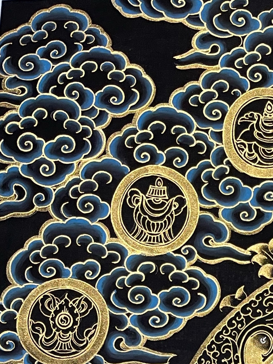 Medicine Buddha thangka, detail: top-left corner