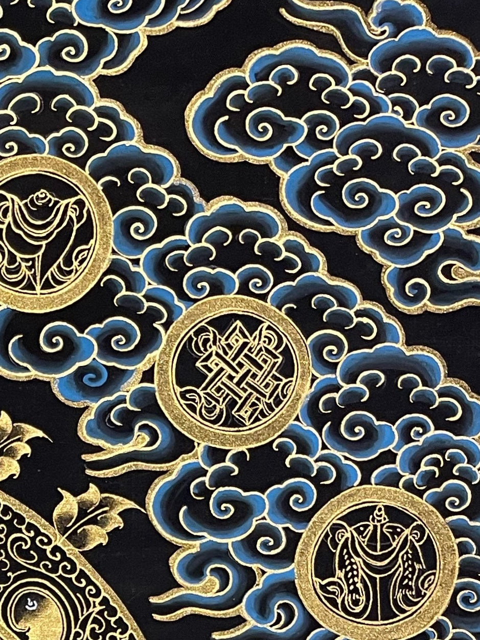 Medicine Buddha thangka, detail: top-right corner