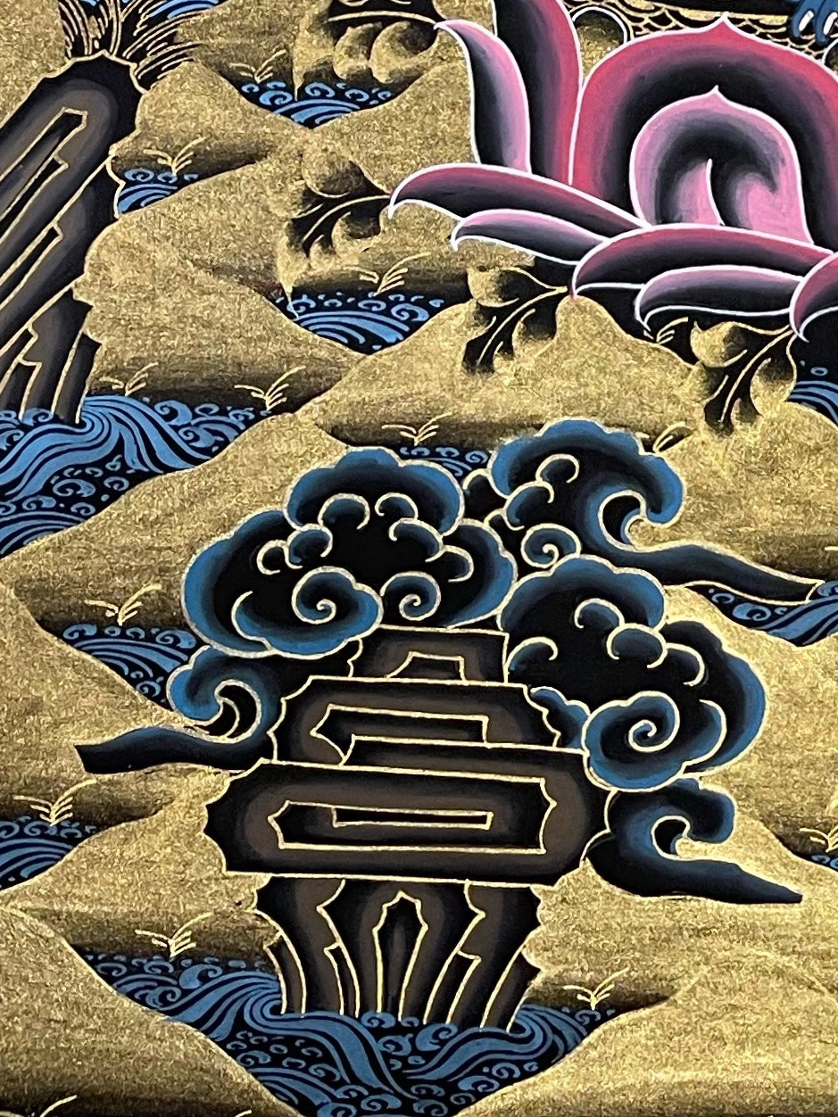 Medicine Buddha thangka, detail: bottom-left corner