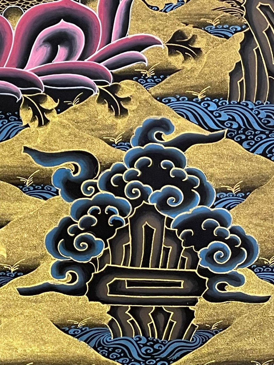 Medicine Buddha thangka, detail: bottom-right corner