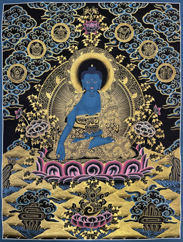 Medicine Buddha thangka, 52×67 cm: the blue Medicine Buddha with a bowl in the black-and-gold style, under blue clouds