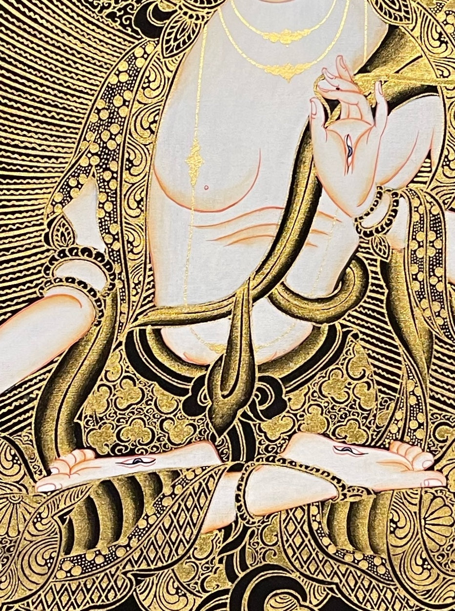White Tara thangka, 52×67 cm: White Tara in black and gold-coloured line work, with two dragons among blue clouds