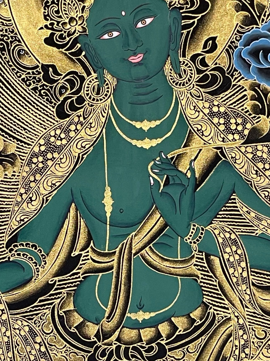 Green Tara thangka, detail: centre
