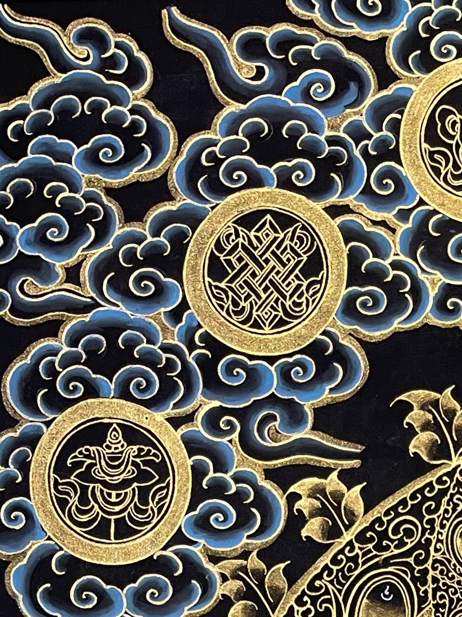 Green Tara thangka, detail: top-left corner