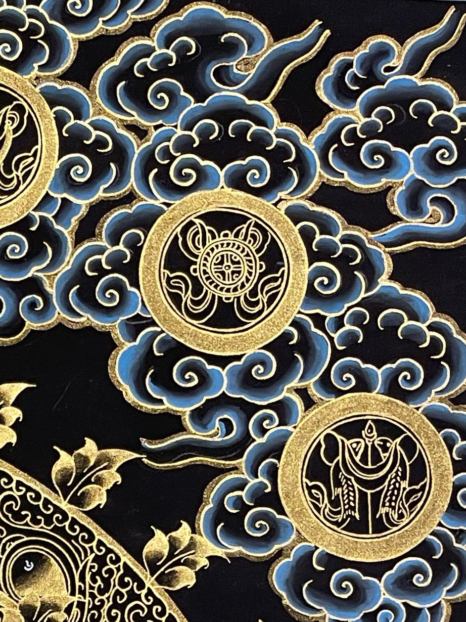 Green Tara thangka, detail: top-right corner