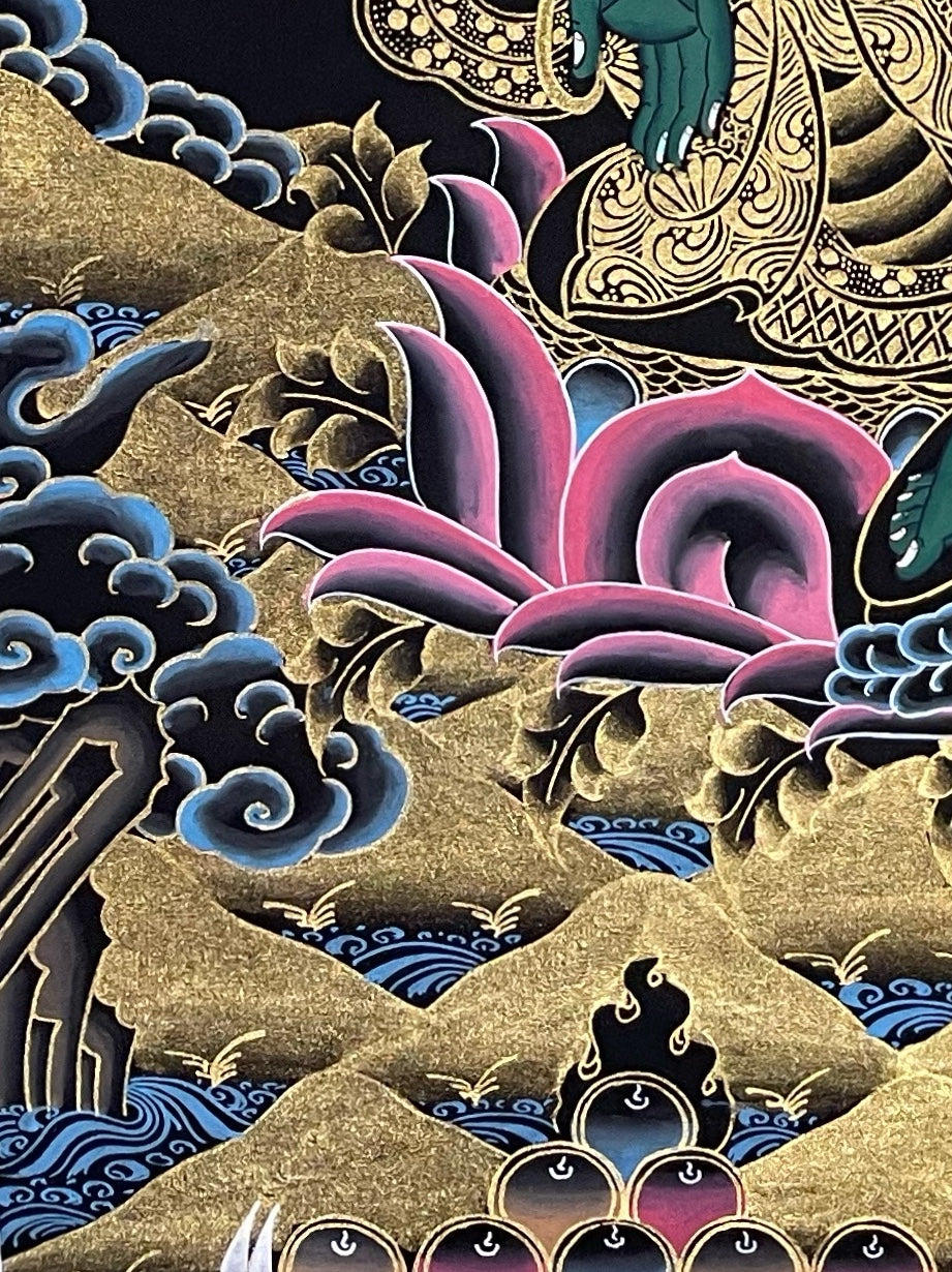 Green Tara thangka, detail: bottom-left corner