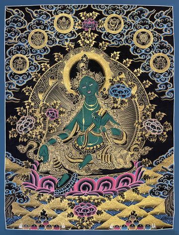 Green Tara thangka, 52×67 cm: Green Tara in black and gold on a pink lotus, with auspicious symbols in roundels above