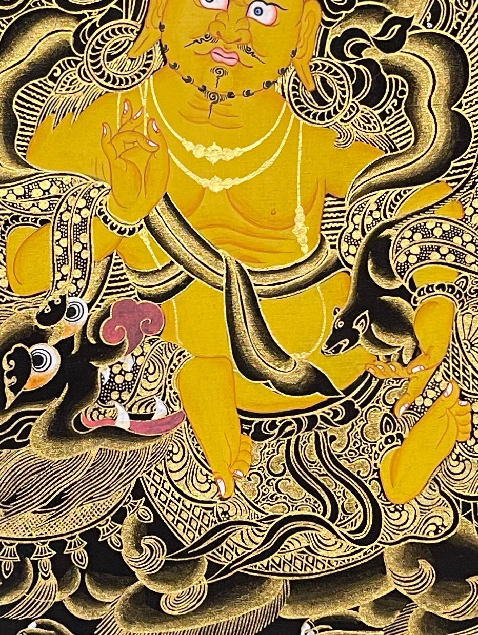 Vaishravana thangka, 52×67 cm: yellow Vaishravana on a snow lion with a victory banner and mongoose, in gold-coloured line work on black
