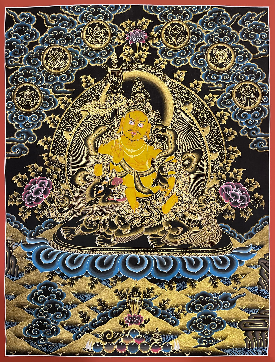 Vaishravana thangka, 52×67 cm: yellow Vaishravana on a snow lion with a victory banner and mongoose, in gold-coloured line work on black