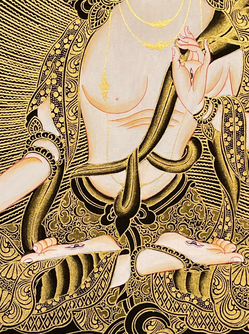 White Tara thangka, 52×67 cm: White Tara in gold-coloured line work on black, with auspicious symbols in the clouds