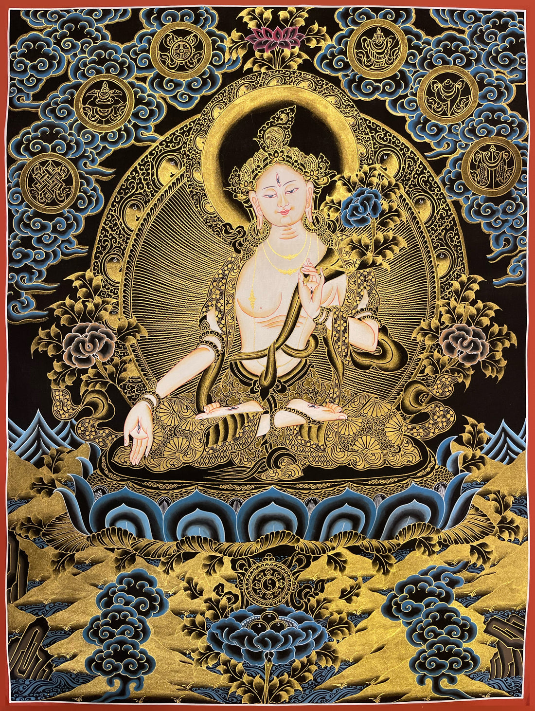 White Tara thangka, 52×67 cm: White Tara in gold-coloured line work on black, with auspicious symbols in the clouds