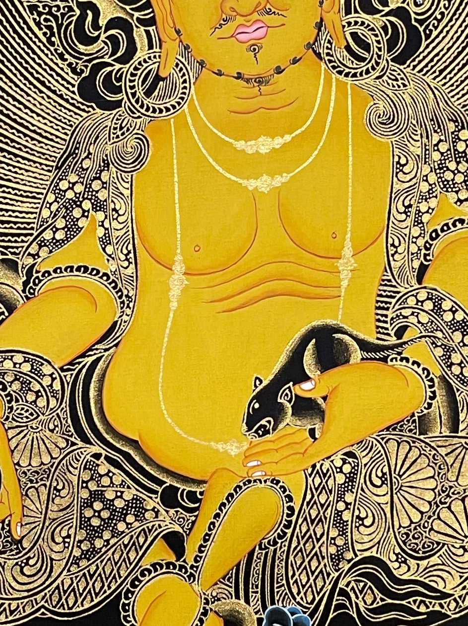 Jambhala thangka, 52×67 cm: yellow Jambhala in black and gold, holding a mongoose, with auspicious symbols in the clouds