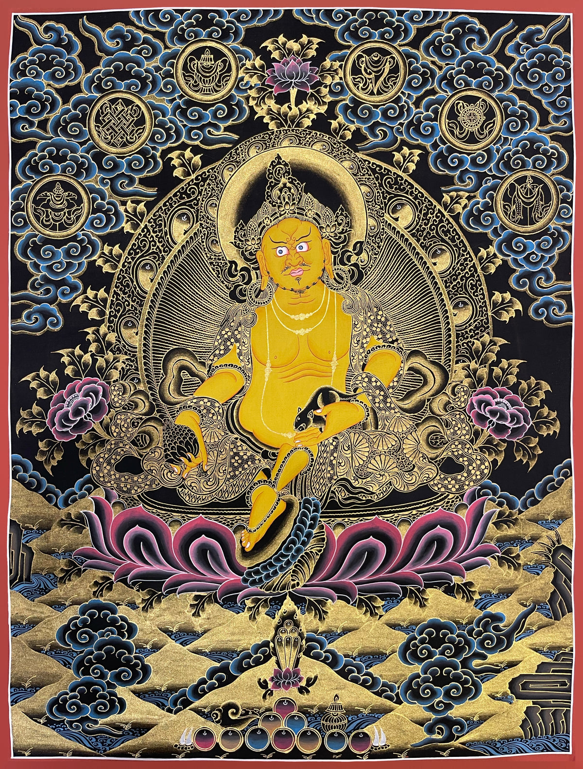 Jambhala thangka, 52×67 cm: yellow Jambhala in black and gold, holding a mongoose, with auspicious symbols in the clouds