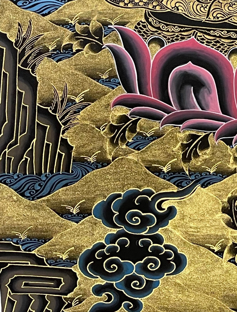 Chenrezig thangka, detail: bottom-left corner