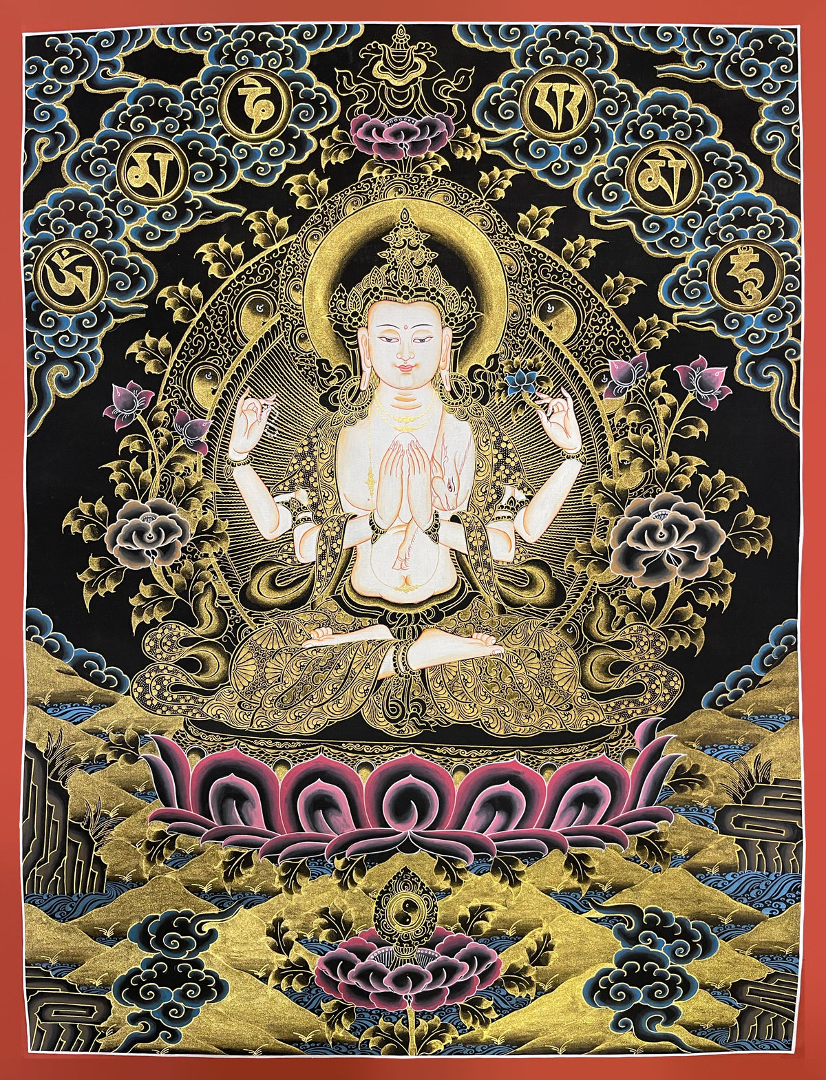 Chenrezig thangka, 51×66 cm: white four-armed Chenrezig on black, with the six syllables in gold-coloured roundels above