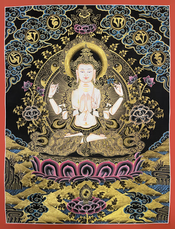 Chenrezig thangka, 51×66 cm: white four-armed Chenrezig on black, with the six syllables in gold-coloured roundels above