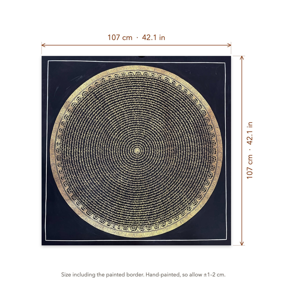Size diagram: 107 × 107 cm (42.1 × 42.1 in), including the painted border