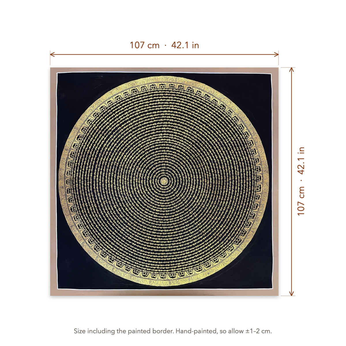 Size diagram: 107 × 107 cm (42.1 × 42.1 in), including the painted border