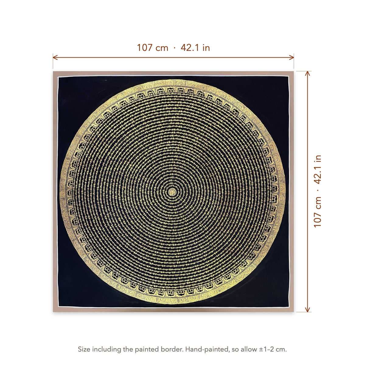 Size diagram: 107 × 107 cm (42.1 × 42.1 in), including the painted border