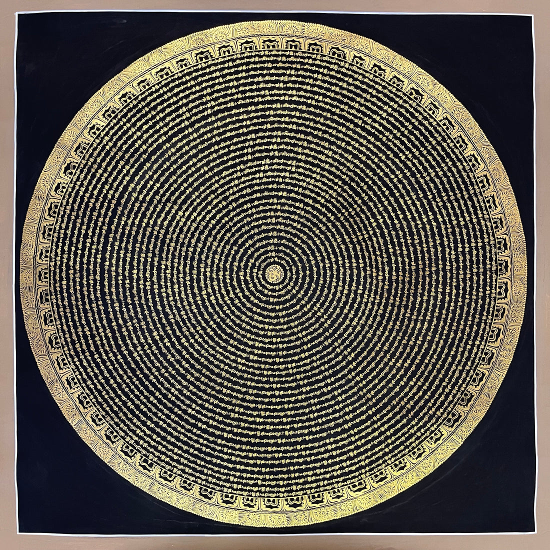 Mantra Mandala thangka, 107×107 cm: concentric rings of fine gold-coloured mantra script on black