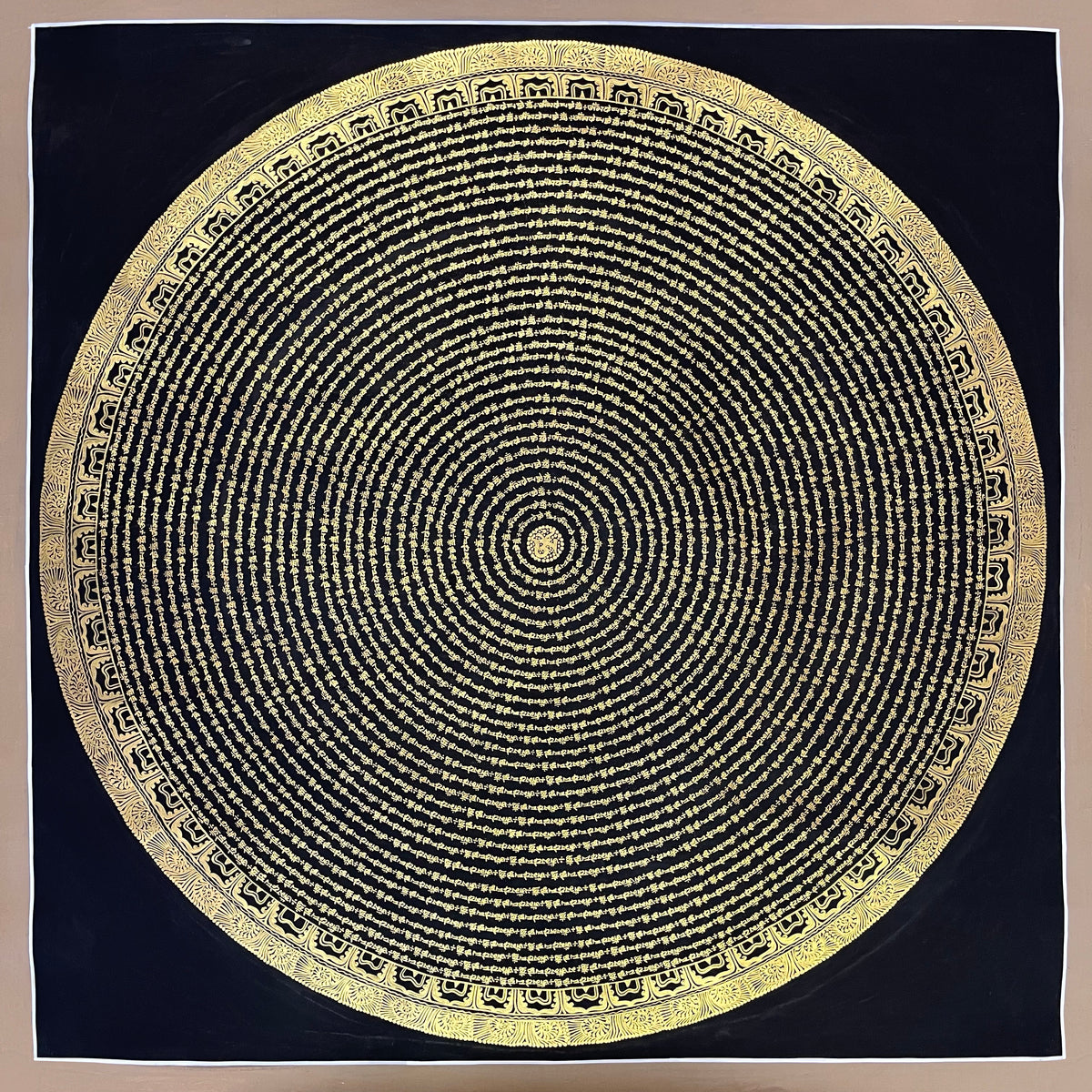 Mantra Mandala thangka, 107×107 cm: concentric rings of fine gold-coloured mantra script on black