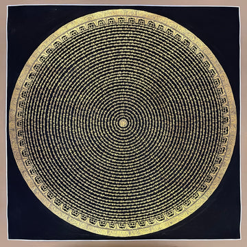 Mantra Mandala thangka, 107×107 cm: concentric rings of fine gold-coloured mantra script on black